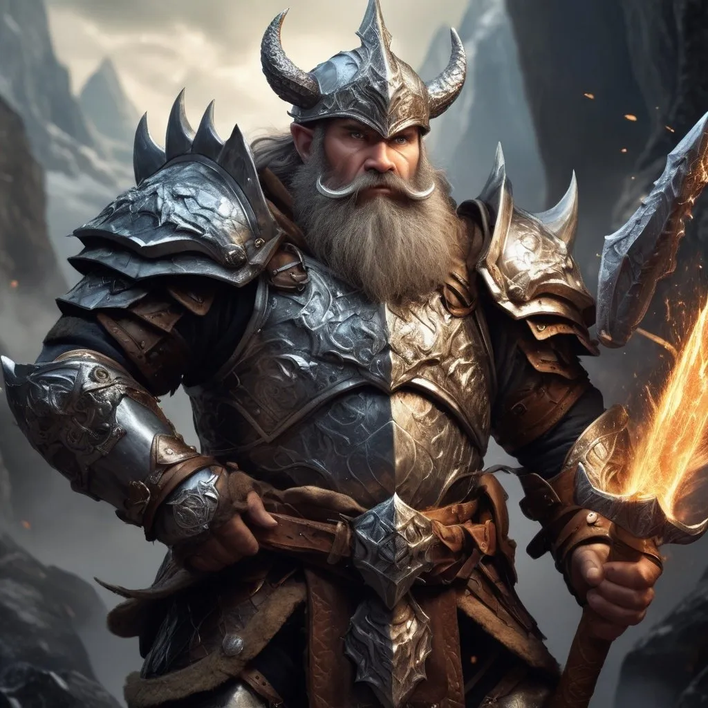 Prompt: Male Mountain Dwarf in plate armor, wielding a Magical Pickaxe, wearing a Crown of Magic, dragon hunter ranger, paladin of vengeance, bard of valor, intense and focused gaze, epic fantasy illustration, detailed facial hair and rugged features, highres, ultra-detailed, fantasy, dragon hunting, epic, rugged design, atmospheric lighting