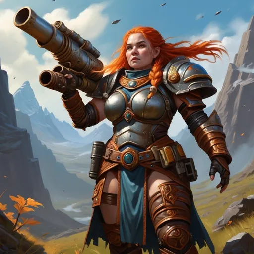 Prompt: Female mountain dwarf cleric of trickery and grassland druid, dimir operative, wielding dwarven rocket launcher, wearing magical leather armor and prosthetic limb, fantasy art, highres, detailed, fantasy, dwarf, cleric, trickery, grassland druid, dimir operative, rocket launcher, magical leather armor, prosthetic limb, fantasy art, vibrant colors, detailed facial features, dramatic lighting, Female, Woman
