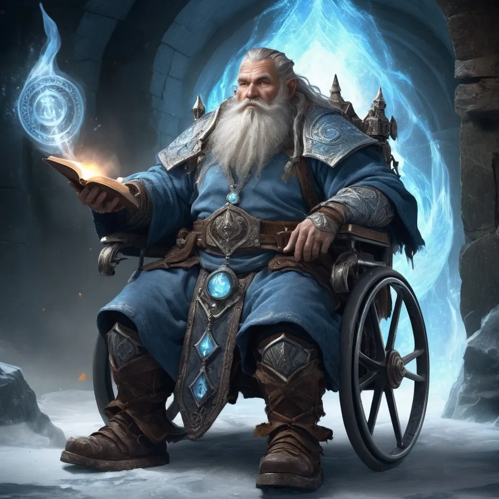 Prompt: Male mountain dwarf in a magic wheelchair, conjuration wizard with a touch of cleric of knowledge, ice weapon, powerful summoning spells, detailed beard and weathered face, magical aura, ancient book of spells, high fantasy setting, icy blue tones, mystical lighting, detailed craftsmanship, professional, highres, detailed character design, wheelchair, ice magic, summoning spells, ancient tome, mystical aura, high fantasy, detailed facial features, weathered appearance, magical atmosphere