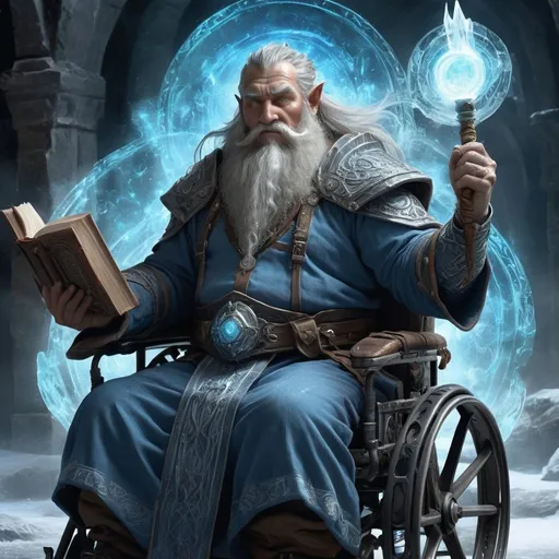 Prompt: Male mountain dwarf in a magic wheelchair, conjuration wizard with a touch of cleric of knowledge, ice weapon, powerful summoning spells, detailed beard and weathered face, magical aura, ancient book of spells, high fantasy setting, icy blue tones, mystical lighting, detailed craftsmanship, professional, highres, detailed character design, wheelchair, ice magic, summoning spells, ancient tome, mystical aura, high fantasy, detailed facial features, weathered appearance, magical atmosphere