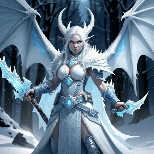 Prompt: Female Mountain Dwarf, White Dragon Sorcerer, Cultist of the White Dragon, Soul edge weapon, Frost Magic, Ice Magic, White Dragon wings, Fantasy Art, high quality, detailed, fantasy, icy blue tones, magical lighting, intricate details, mystical atmosphere
