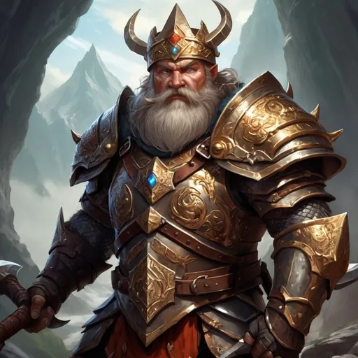 Prompt: Male Mountain Dwarf in plate armor, wielding a Magical Pickaxe, wearing a Crown of Magic, dragon hunter ranger, paladin of vengeance, bard of valor, intense and focused gaze, epic fantasy illustration, highres, detailed, epic fantasy, magical, mountain dwarf, plate armor, magical pickaxe, crown of magic, dragon hunter ranger, paladin of vengeance, bard of valor, intense gaze, professional, atmospheric lighting