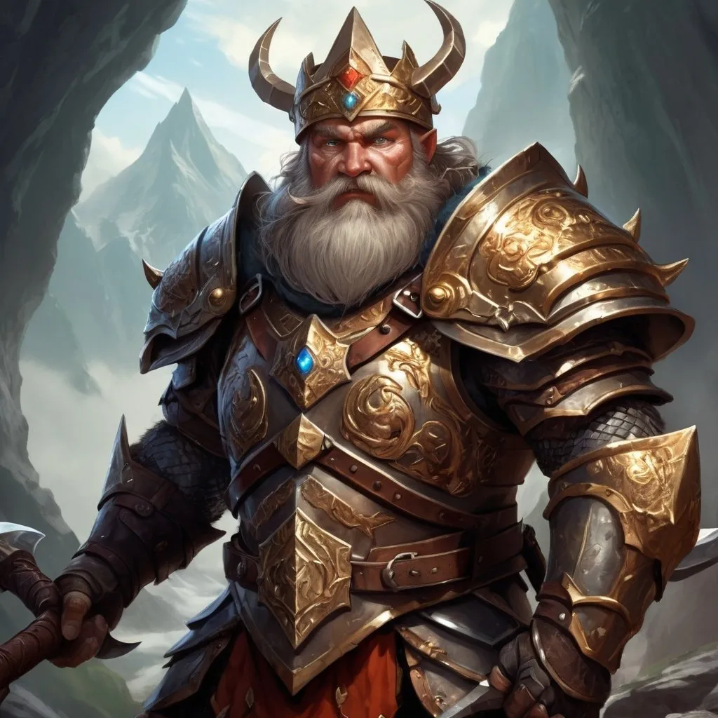 Prompt: Male Mountain Dwarf in plate armor, wielding a Magical Pickaxe, wearing a Crown of Magic, dragon hunter ranger, paladin of vengeance, bard of valor, intense and focused gaze, epic fantasy illustration, highres, detailed, epic fantasy, magical, mountain dwarf, plate armor, magical pickaxe, crown of magic, dragon hunter ranger, paladin of vengeance, bard of valor, intense gaze, professional, atmospheric lighting