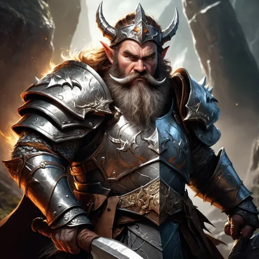 Prompt: Male Mountain Dwarf in plate armor, wielding a Magical Pickaxe, wearing a Crown of Magic, dragon hunter ranger, paladin of vengeance, bard of valor, intense and focused gaze, epic fantasy illustration, detailed facial hair and rugged features, highres, ultra-detailed, fantasy, dragon hunting, epic, rugged design, atmospheric lighting