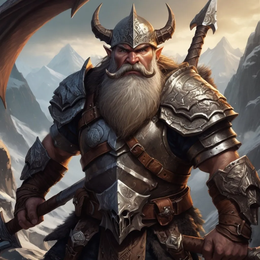 Prompt: Male Mountain Dwarf in plate armor, wielding a Vorpal Pickaxe, wearing an Artifact Crown, accompanied by 3 followers, dragon hunter, ranger, paladin of vengeance, bard of valor, intense and focused gaze, epic fantasy illustration, detailed facial hair and rugged features, highres, ultra-detailed, fantasy, dragon hunting, epic, rugged design, atmospheric lighting