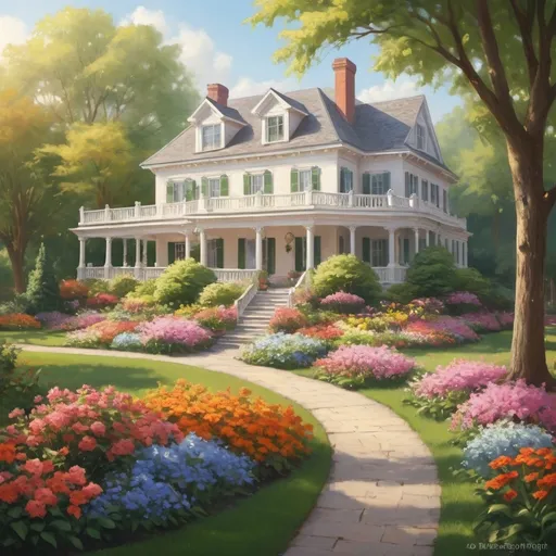 Prompt: (realism style), big white house, vibrant colorful flowers, lush green trees, warm color scheme, inviting ambiance, serene garden, sunlight filtering through branches, meticulously landscaped yard, friendly atmosphere, bright floral hues, ultra-detailed, high quality, captivating scene, tranquil setting