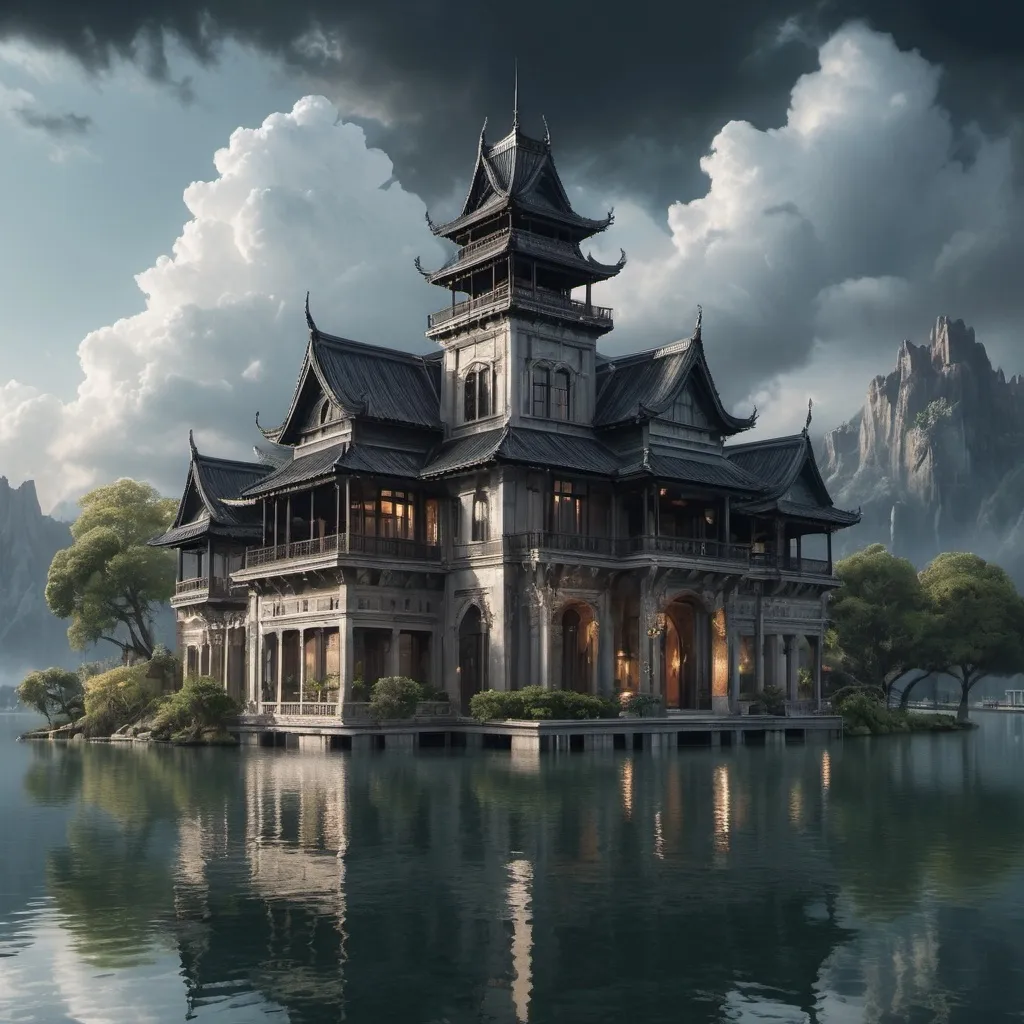 Prompt: (realism style), tall palace with pointed black roofs, reaching towards the clouds, tranquil silver lake in front, cool color scheme, cinematic lighting, serene atmosphere, reflection in the lake, ultra-detailed textures, dramatic skies in the background, sense of grandeur, enchanting scenery.