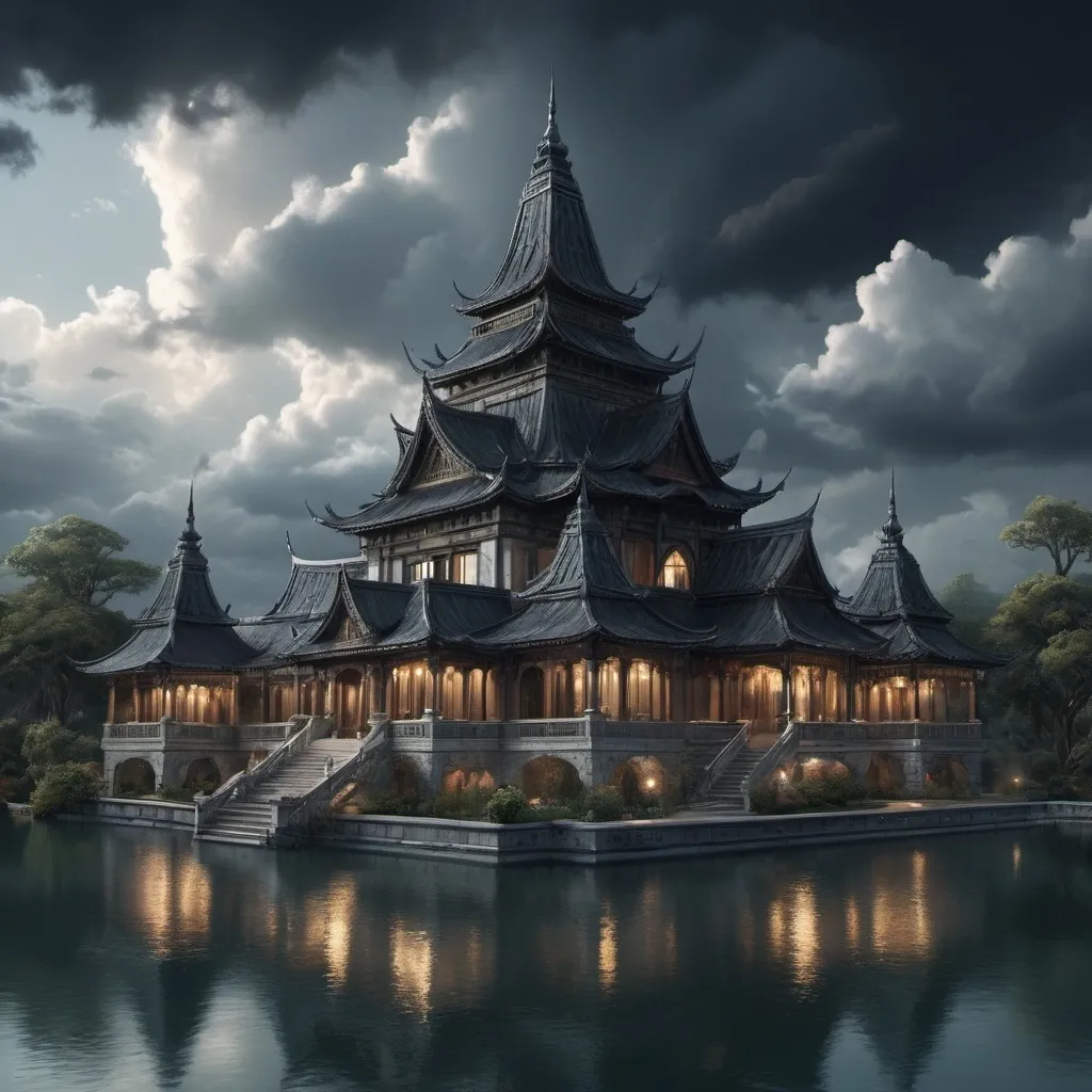 Prompt: (realism style), tall palace with pointed black roofs, reaching towards the clouds, tranquil silver lake in front, cool color scheme, cinematic lighting, serene atmosphere, reflection in the lake, ultra-detailed textures, dramatic skies in the background, sense of grandeur, enchanting scenery.