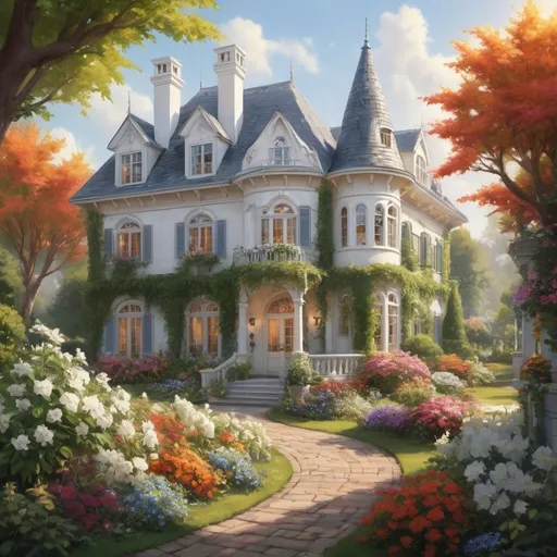 Prompt: (realism style), (warm color scheme), a big white and silver house, tall beautiful towers, climbing vine spiraling around the house, a large, lush yard, vibrant trees and colorful flowers blooming, soft sunlight illuminating the scene, serene atmosphere, enchanting garden details, ultra-detailed, high-quality, cinematic depth.