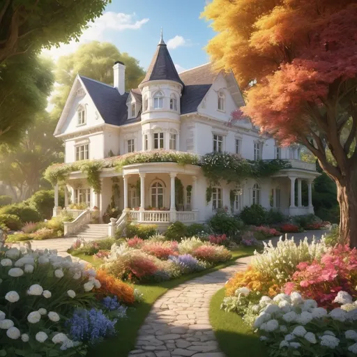 Prompt: (fantasy style), big white house, vibrant garden, (colorful flowers), lush trees, warm color scheme, enchanting atmosphere, whimsical feel, inviting ambiance, serene landscape, sunlit scene, intricate details, (ultra-detailed), (HD), magical setting, soft lighting, nature’s beauty, tranquil outdoor space.