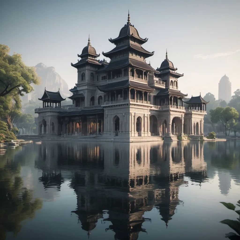 Prompt: (realistic image), majestic (tall palace) with intricate architecture, pointed (black roofs), reflecting against a tranquil (silver lake), surrounded by serene landscape, (cool color scheme), soft lighting, (high depth), atmospheric and serene ambiance, emphasizing tranquil mood, (ultra-detailed and HD), captivating reflections and shadows.