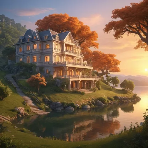 Prompt: (fantasy style) silver duplex house, serene lake with (reflective sunset glow), lush green hill, majestic oak tree, warm color scheme, golden and soft orange hues, tranquil atmosphere, serene landscape, gentle ripples on water, enchanting scenery, (highly detailed), artistic rendering, beautiful sunset, dreamlike quality, immersive visuals.