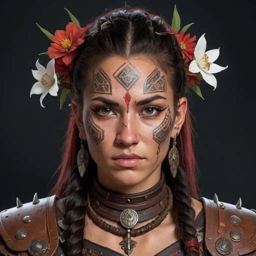 Prompt: a dungeons and dragons roleplaying game portrait of a character who is a female barbarian healer wearing leather armor, she has elaborate facial tattoos, face pain and ritual scarification on her face and some small flowers in her hair, she is beautiful but barbaric, she looks like she has a mix of polynesian, russian, and korean ancestry