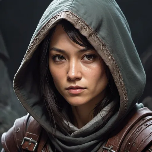 Prompt: a dungeons and dragons roleplaying game portrait of a character who is a female rogue wearing a hood over her head.  she looks like a little like robin wright but is not beautiful and has a serious expression.  she looks like she is a mix of asian, caucasian, and latino features