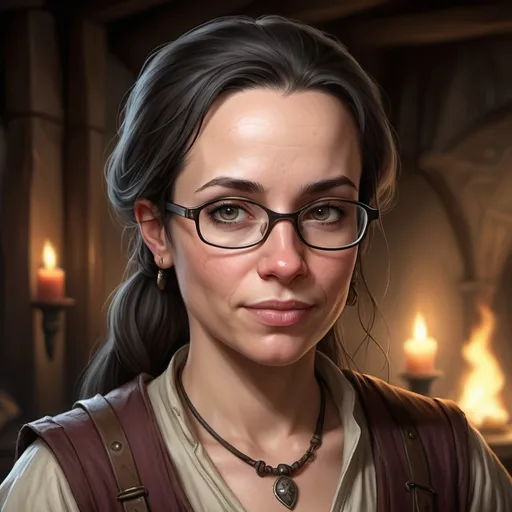 Prompt: rpg portrait female medieval trader who looks like a younger janeane garofalo without glasses