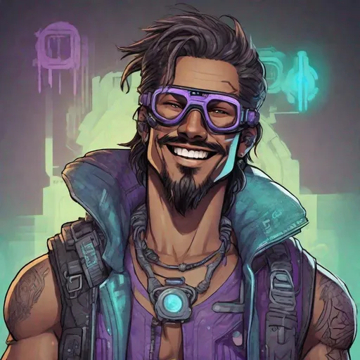 Prompt: Create a detailed illustration of a smiling cyberpunk man with a relaxed pose. The character should have tan skin, long dark shaggy hair, and a light stubble. He is wearing goggles over his eyes that have glowing aquamarine reflective lenses. The character's attire includes a lavender tank top, and a black sleeveless leather jacket with small metal studs on the shoulders. Black tribal tattoos are visible on his arms and neck. In the background, use a black backdrop with a faint cyan glow to give a dark, rebellious vibe.