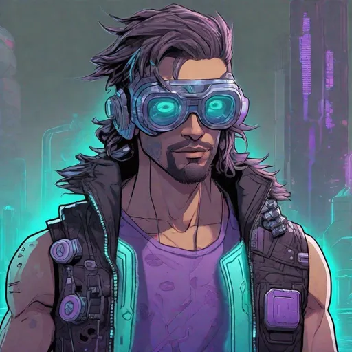 Prompt: Create a detailed illustration of a cyberpunk man with a relaxed pose. The character should have tan skin, long dark shaggy hair, and a light stubble. He is wearing goggles over his eyes that have glowing aquamarine reflective lenses. The character's attire includes a lavender tank top with a robotic skull graphic, a black sleeveless leather jacket with small metal studs on the shoulders. Black tribal tattoos are visible on his arms and neck. He has a wide smile showing his teeth. In the background, use a black backdrop with a faint cyan glow to give a dark, rebellious vibe.