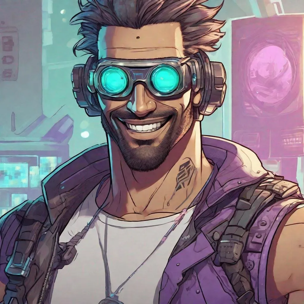 Prompt: Create a detailed illustration of a smiling cyberpunk man with a relaxed pose. The character should have tan skin, long dark shaggy hair, and a light stubble. He is wearing goggles over his eyes that have glowing aquamarine lenses. The character's attire includes a lavender tank top with a robot graphic, and a black sleeveless leather jacket with small metal studs on the shoulders. Black tribal tattoos are visible on his arms and neck. In the background, use a black backdrop with a faint cyan glow to give a dark, rebellious vibe.