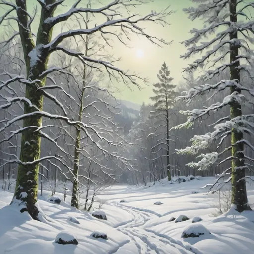 Prompt: Traditional oil painting of Norwegian nature, snow-covered trees, UHD image, Abigale Larson style, green and grey, snowy landscape, detailed tree branches, realistic snow texture, serene atmosphere, high quality, traditional, winter scenery, detailed brushwork, natural tones, peaceful setting, atmospheric lighting