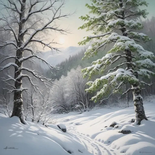 Prompt: Traditional oil painting of Norwegian nature, snow-covered trees, UHD image, Abigale Larson style, green and grey, snowy landscape, detailed tree branches, realistic snow texture, serene atmosphere, high quality, traditional, winter scenery, detailed brushwork, natural tones, peaceful setting, atmospheric lighting
