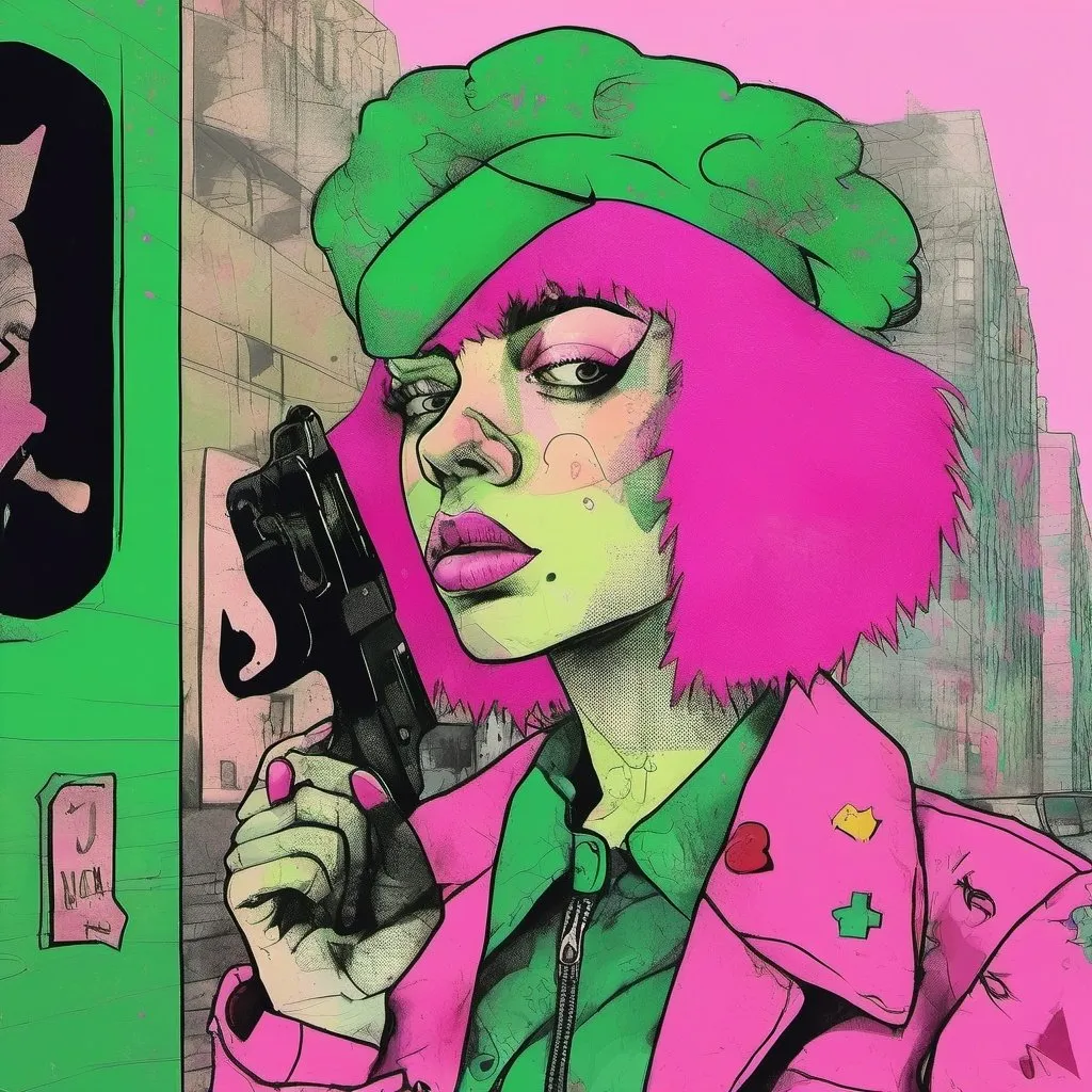 Prompt: a woman with pink hair and a green jacket on a street corner with a gun in her hand and a pink wig, by butcher billy, pop art, realistic proportions, a digital painting