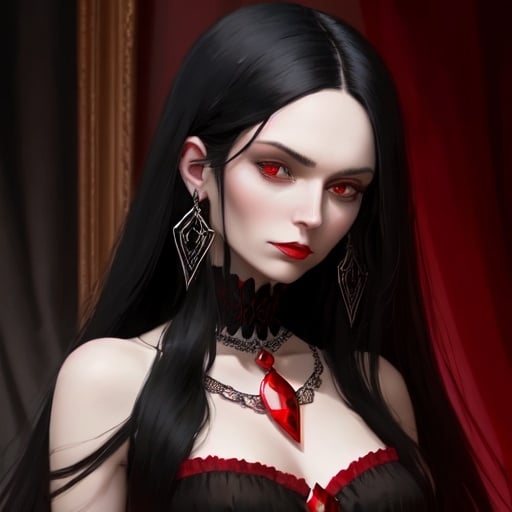 Prompt: a woman with long black hair wearing a red necklace and black gloves and a red necklace with a red pendant, Aramenta Dianthe Vail, gothic art, long black hair, a character portrait