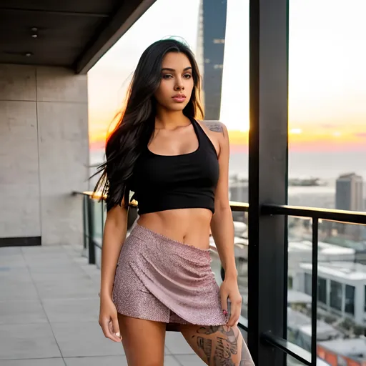 Prompt: Fit black long hair model in short skirt and loose a-shirt with bucks bunny, fit, turning head to the front while standing sideways, brown eyes, fat lips, biting lower lip, with tattoo sleeve covering her right hand, and tattoo sleeve covering left leg, large eyelashes, near skyscraper during red sunset, brown eyes, lips are shiny pink, white skin, short black nails, pink line in her hairstyle, abs seen from under shirt with dragon tattoo, eastern-European face