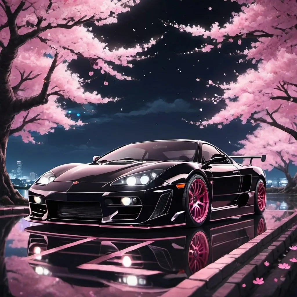 Prompt: anime black super car in cherry blossom at night