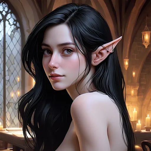 Prompt: portrait of a pale elen woman sarah shahi, elvish ears, wearing nothing, bare chest, small jawline, triangular head, realistic, warm soft lighting, art by artgerm and ruan jia and greg rutkowski and sam leung, detailed, medieval, game-rpg, wavy black hair, adult, atmosphere, adult, attractive, wanting, inviting, middle ages, medieval room background, plentiful, warm, inviting, black dress, cozy, comfortable, artstation, magic, mystery, love, affection 