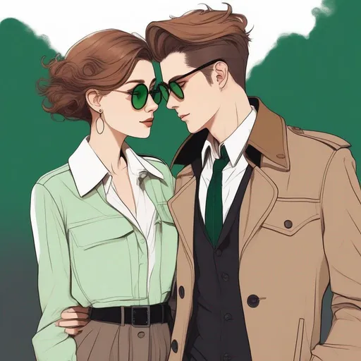 Prompt: full body shot shot of a young {man} with moderate length brown pompadour hair and pale skin, wearing a dark brown trench jacket and white collared shirt with a plack tie, black pants and black boots, round glasses, green shades with emerald lenses, handsome; he is hugging a petite woman with very short chestnut pixie undercut and tannedskin. rpg art. Star trek art. 2d art. 2d