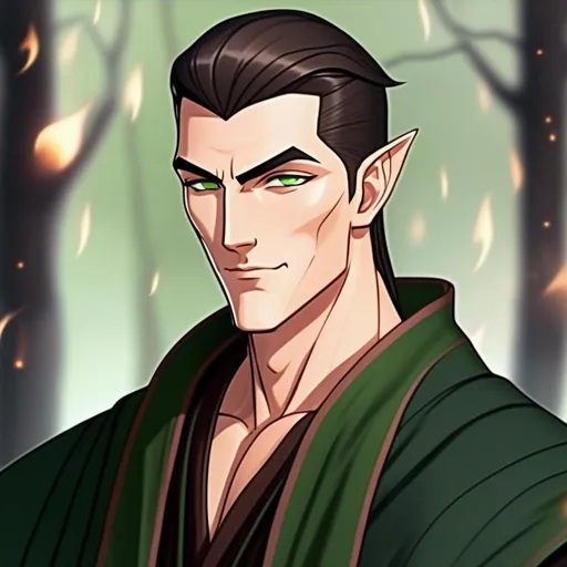 Prompt: detailed character, full body portrait of a muscular male sorcerer, round face, broad cheeks, extremely short brown slicked back pompadour undercut, green eyes smirking, wearing dark green wizard robes, on smoky blurred background, soft feminine body features. Smooth skin, detailed, well drawn face. Rpg art. 2d art. 2d.