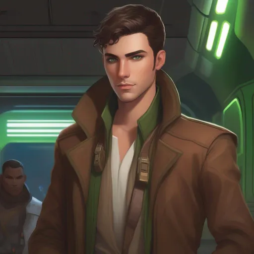 Prompt: From distance. Whole body, full figure. A young male smuggler with deep brown hair, very short pixie undercut. he wears a brown pilot coat and has a holster on his right leg. huge long hoocked aquiline grecian nose, green eyes. In background a noisy scifi cantina. soft feminine body features. Smooth skin, detailed, well drawn face. Rpg art. 2d art. 2d.