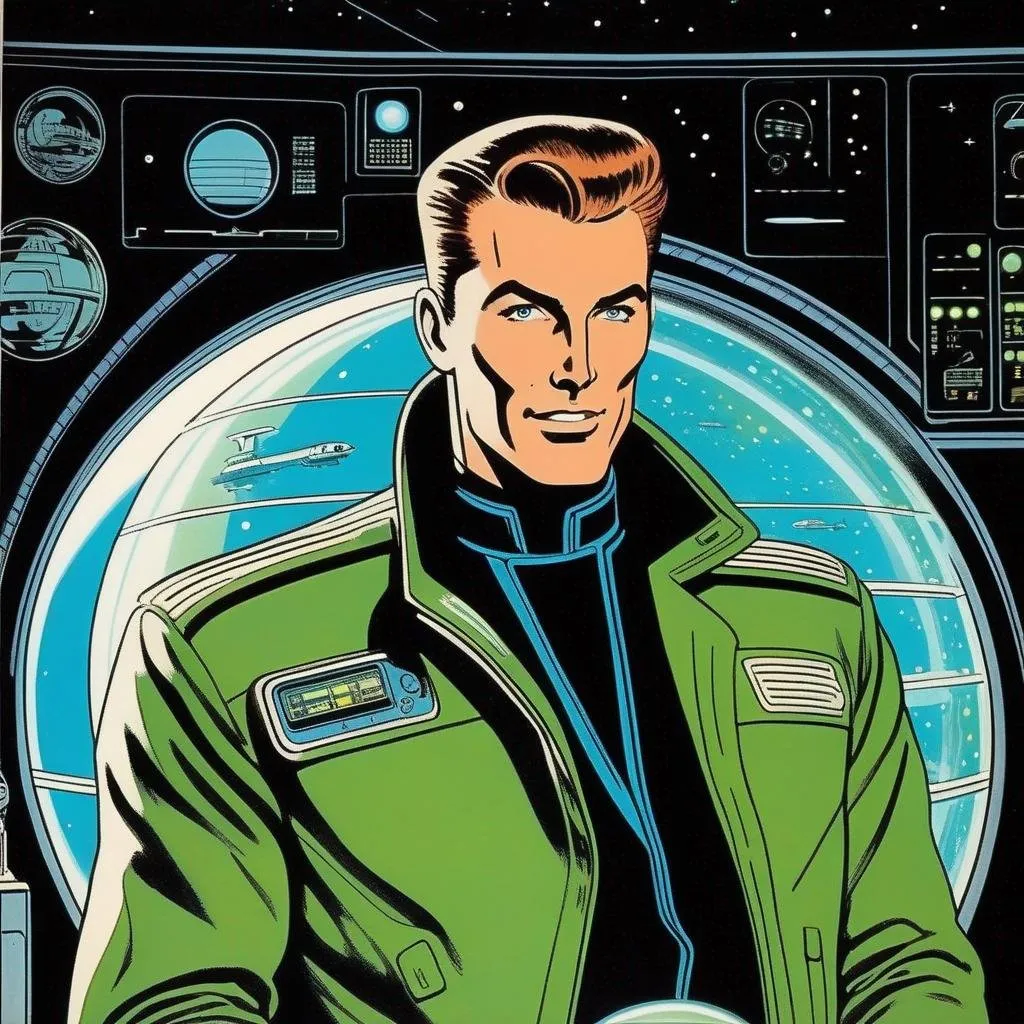 Prompt: Silk screen comic book illustration, of a muscled male with brown pompadour undercut, retro futuristic starship captain, green glowing eyes, smirking, black futuristic leather jackett, on smoky background, docking station, inside of a spaceship,  Well drawn face, detailed face,  1960s Soviet retrofuturism, 