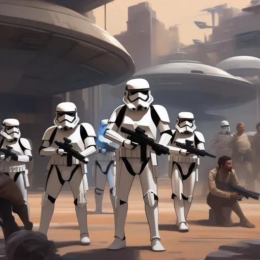 Prompt: a squad of star wars stormtroopers arresting a caucasian male starship captain. In background a scifi slum. Star wars art. rpg. rpg art. 2d art. 2d.