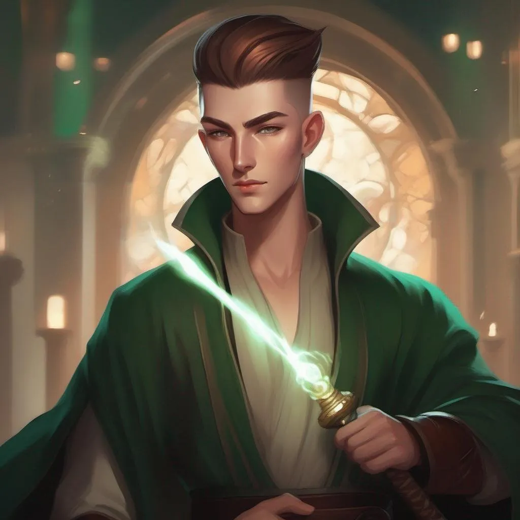 Prompt: A tall male mage in dark green robes, with very short extremely deep dark brown slicked back pompadour undercut with dark ginger highlights and shaved sides, very pale milky skin. He fights with a magic staff and casts magic spells, potions on his belt, soft feminine body features. Smooth skin, detailed, well drawn face. Rpg art. 2d art. 2d.