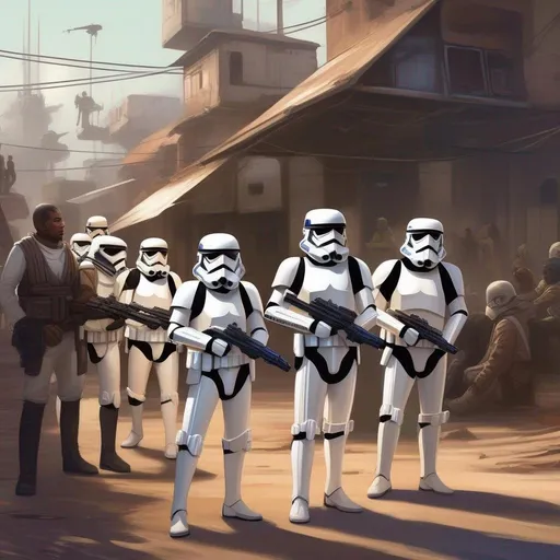 Prompt: a squad of star wars stormtroopers arresting a caucasian male starship captain. In background a scifi slum. Star wars art. rpg. rpg art. 2d art. 2d.