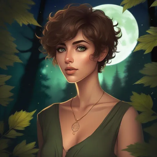 Prompt: highest quality anime art masterpiece, digital drawing, caucasian woman with very short brown thick wavy messy pixie hair:vistani, sad, in a forest on a dark foggy night, big green eyes, tanned skin:2, waxing moon, huge long wide broad hooked greek aquiline algerian oriental arabic nose, flat chest, ethereal, jewelry set, highres, realistic, highly detailed, fantasy, gypsy, roma, D&D, Ravenloft, by Ilya Kuvshinov