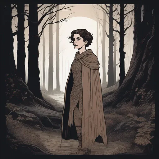 Prompt: A silkscreen comic illustration of a tiny skinny caucasian female sorceress, wearing mage mantle, , very short messy brown pixie undercut hair with shaved sides:vistani, dark female makeup, huge long hooked aquiline persian nose, tiny nose ala, protruding nose root, melancholic, in a forest on a dark foggy night, big sad slant emerald cat eyes, tanned skin:2, waxing moon, ethereal, highres, realistic, highly detailed, fantasy, eastern european, ukrainian, 1960s Soviet Retrofuturism,
