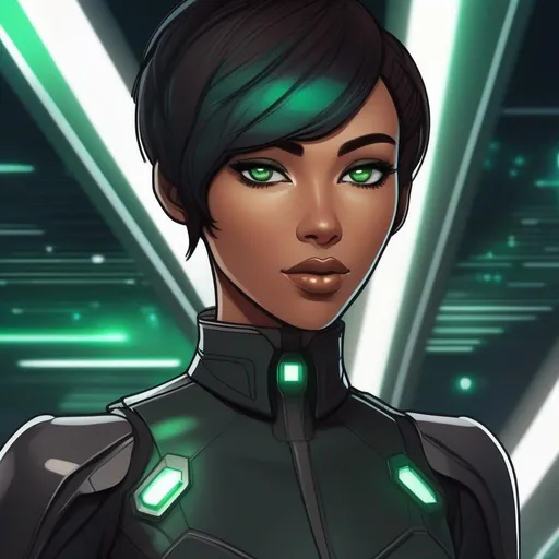 Prompt: Whole body. Full Figure, from distance. a Young noble woman from the future in the 22nd century, black futuristic scifi uniform. Cute. very short dark brown pixie haircut. emerald eyes. soft feminine body features. Smooth skin, detailed, well drawn face. Rpg art. 2d art. 2d.