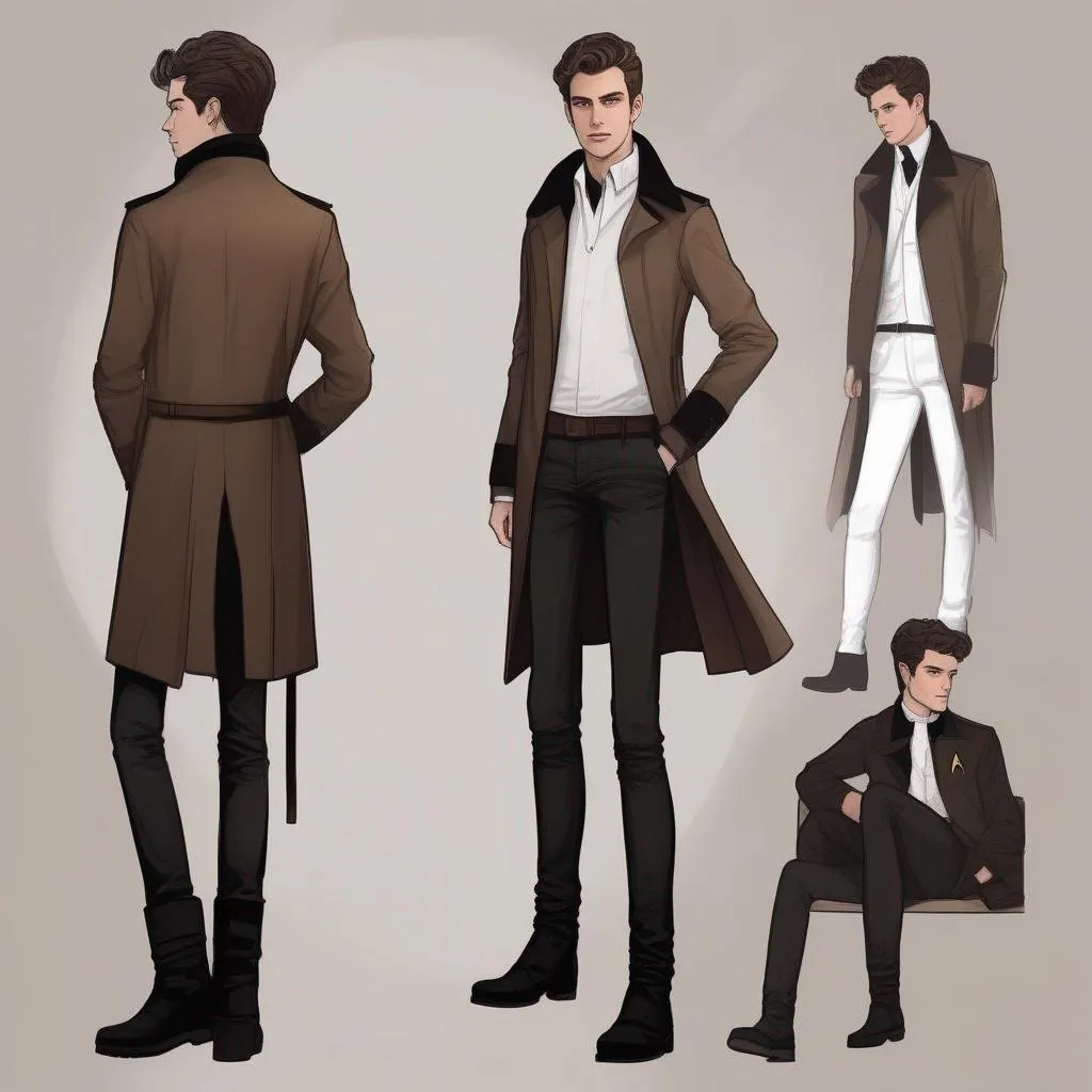 Prompt: full body shot shot of a young {man} with moderate length brown hair wearing dark brown trench jacket and white collared shirt with black pants and black boots, handsome, rpg art. Star trek art. 2d art. 2d