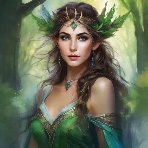 Prompt: fantasy book cover, a dark chesnut haired elven princess with brown highlights in her very extremely er long short messy curly pixie hair, elf fae, tall and willowy and pretty, soft freckles, big large green eyes, pointed ears, intricate blue and green gown, pointy elvish ears, iron palace gray metal, landscape beautiful pine forest, Carne Griffiths, Michael Garmash, Frank Frazetta, Castle Background, Victo Ngai, Detailed, Vibrant, Sharp Focus, Character Design, Wlop, Kuvshinov, Character Design, TXAA, 32k, Highly Detailed, Dynamic Pose, Intricate Motifs, Organic Tracery, Perfect Composition, Digital Painting, Artstation, Smooth, Sharp Focus, Illustration, hyperdetailed, greg rutkowski
