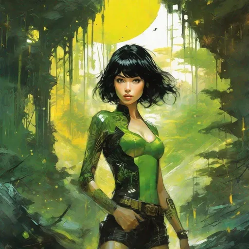 Prompt: fantasy book cover, a black haired tiny, skinny and willowy and pretty, green skinned alien female, big large yellow eyes, extraterrestrial, intricate black spandex underwear, short bob haircut, iron palace gray metal, landscape beautiful pine forest, Carne Griffiths, Michael Garmash, Frank Frazetta, Castle Background, Victo Ngai, Detailed, Vibrant, Sharp Focus, Character Design, Wlop, Kuvshinov, Character Design, TXAA, 32k, Highly Detailed, Dynamic Pose, Intricate Motifs, Organic Tracery, Perfect Composition, Digital Painting, Artstation, Smooth, Sharp Focus, Illustration, hyperdetailed, greg rutkowski