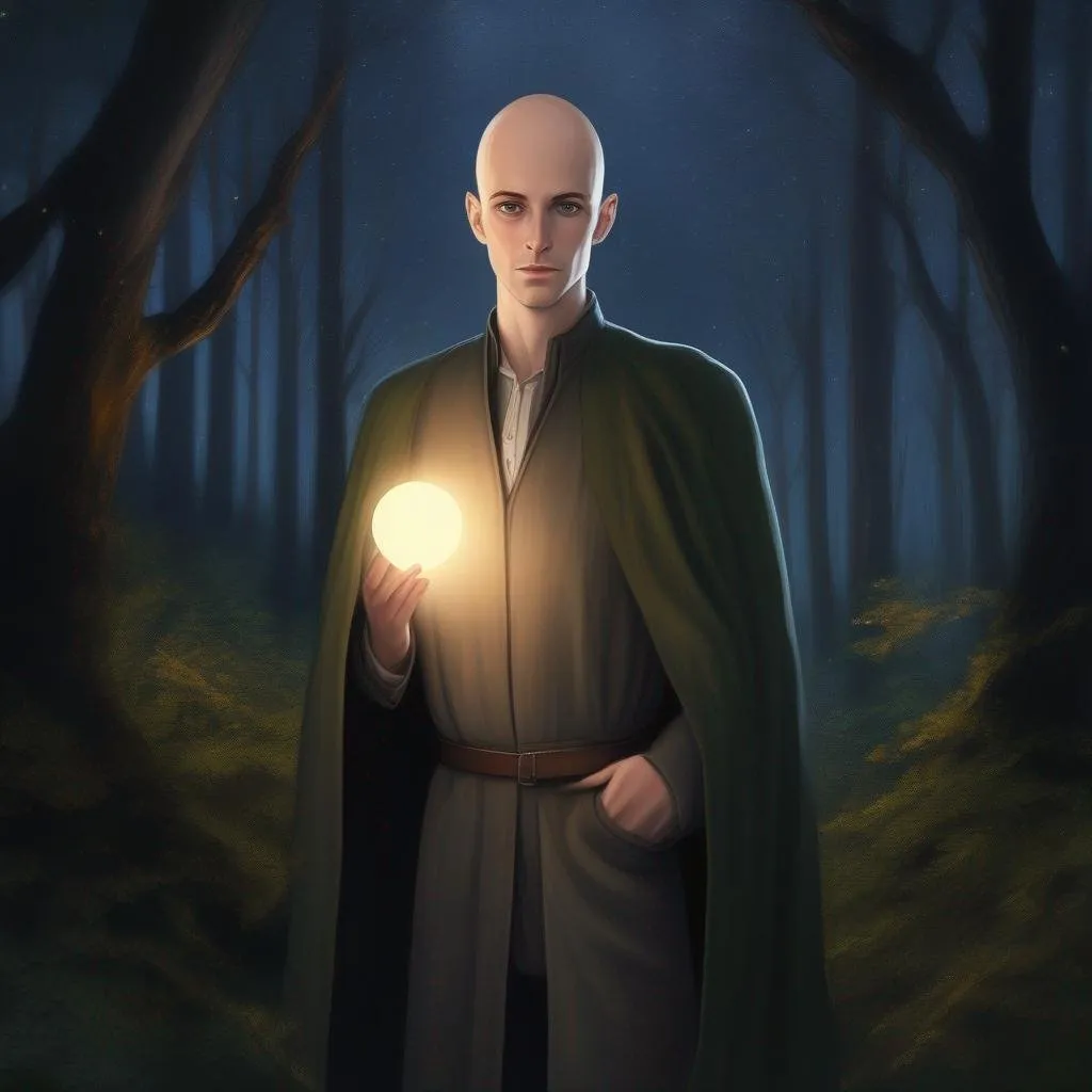 Prompt: highest quality anime art masterpiece, digital drawing, slender slim skinny androgynous caucasian bald male sorcerer wearing mantle, with freckles and balding hairless scalp:vistani, melancholic, in a forest on a dark foggy night, big sad slant brown eyes, pale milky skin:2, waxing moon, round shaven face, broad cheeks, ethereal, trimmed face, highres, realistic, highly detailed, fantasy, european, irish, D&D, Ravenloft, by Ilya Kuvshinov