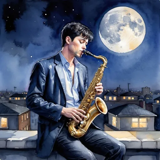 Prompt: Night, blue moon, a male saxophonist with short black hair in a classic cut stzle is on the roof top and frantically plays the "Moonlight Sonata" colorful, realistic, high detail, night light, watercolor painting