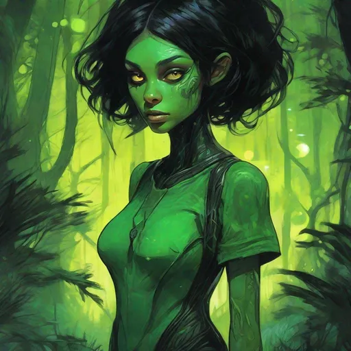Prompt: a beautiful green skinned extraterrestrial girl, black short hair, big yellow glowing eyes, huge long big hooked aquiline arabian nose, green skin, with entirely emerald skin colour, black T-shirt, standing in a forest at night, fear, biomorphic, muted pastel colors palette, by Callie Fink, SIYA OUM, GIGER, Datamoshing, Vaporware, ink wash painting, aesthetic, centered, 16k, HQ, perspective, insanely detailed & intricate, hyper realistic, cgsociety, dynamic pose
