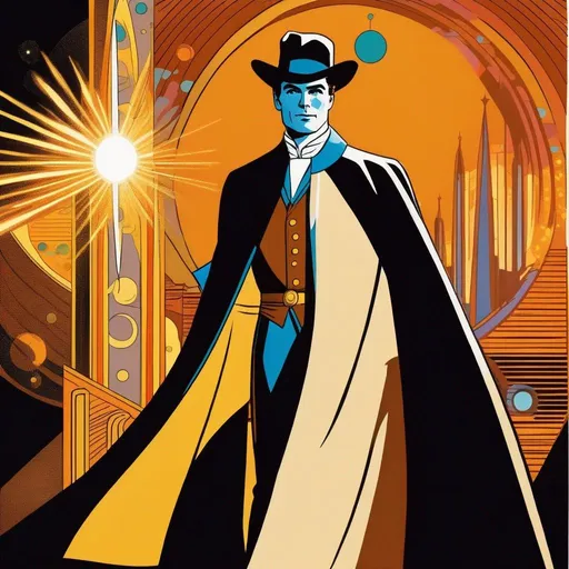 Prompt: Silk screen comic book illustration, male magician wearing a mage robe, extremely short brown hair, 1960s Soviet retrofuturism, in style of a dc comic