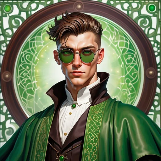 Prompt: a dynamic full body portrait of an irish adult beautiful handsome brown haired man, very short slicked back pompadour undercut with shaved sides and chestnut wisps, wearing a dark sorcerer mantle and round glasses, green mirror shades with emerald lenses round face, broad cheeks, dressed, muscular, intricate, sharp focus, in the style of Ivan Bilibin, Ernst Haeckel, Daniel Merriam, watercolor and ink