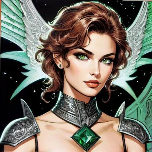 Prompt: soviet art, angelic demigodess witchblade, very xtremely short trimmed ear long chestnut brown wavy messy pixie undercut hair with shaved sides, shaven haircut with cutouts, huge big long nose, spread dark angel wings, in the asterism sky, anthracite medieval armor with geoglyph engraves and emerald gemstones on it, in action, with a lumino kinetic green electricity glowing sword, very tiny small little flat teenage chest, slim waist, thick thighs, retro pop-up silkscreen print comic book cover by barry windsor-smith, fairytale couture, dark fantasy, celestialpunk 