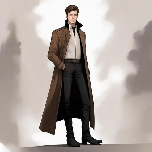 Prompt: full body shot shot of a young {man} with moderate length brown hair wearing dark brown trench jacket and white collared shirt with black pants and black boots, handsome, rpg art. Star trek art. 2d art. 2d