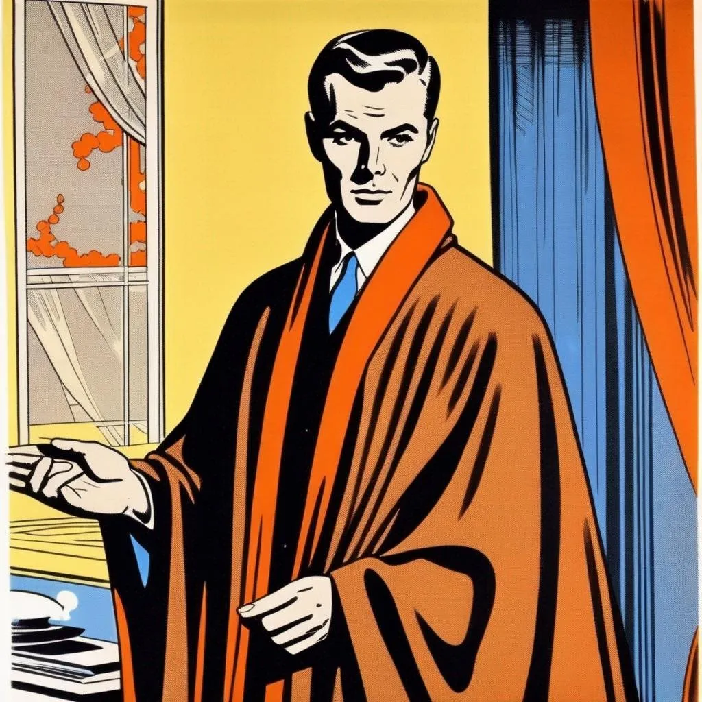 Prompt: Silk screen comic book illustration, sorcerer wearing a robe mantle, brown pompadour haircut, pale, 1960s Soviet retrofuturism, 